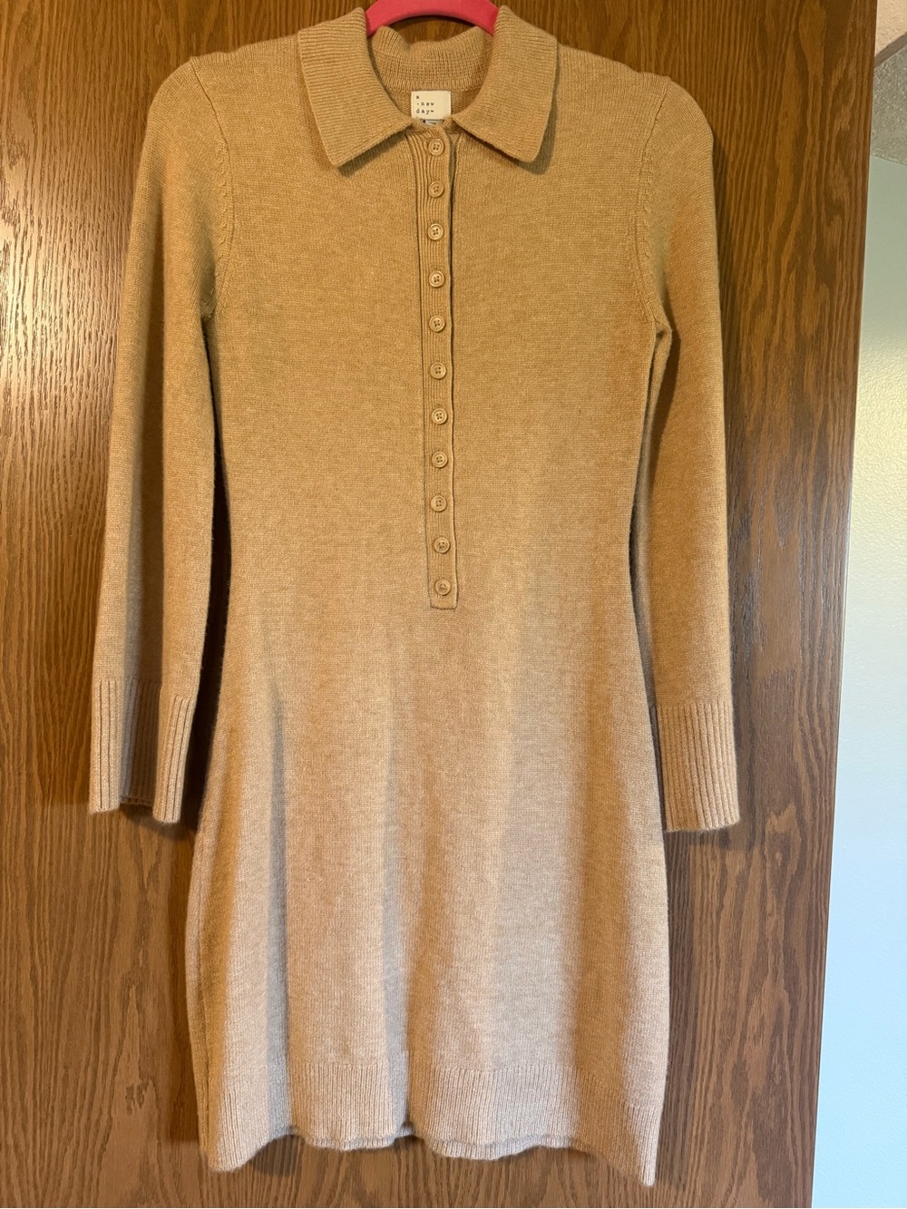 a new day Camel Button-Front Long-Sleeve Polo Knit Dress